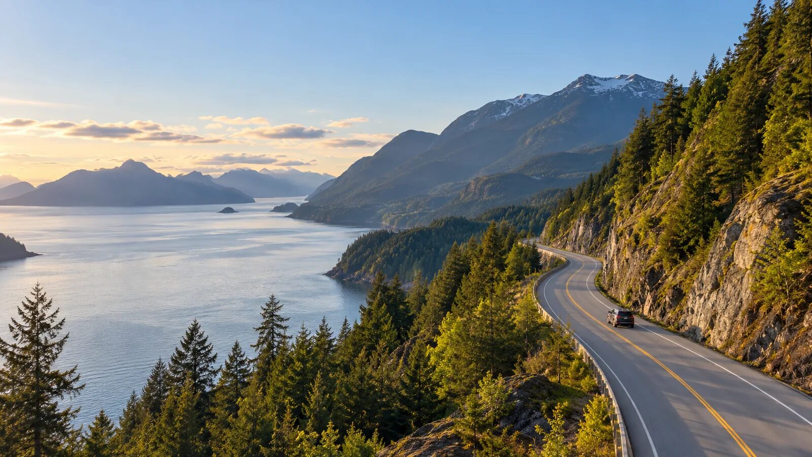 The Sea-to-Sky Highway curving along Howe Sound at golden hour