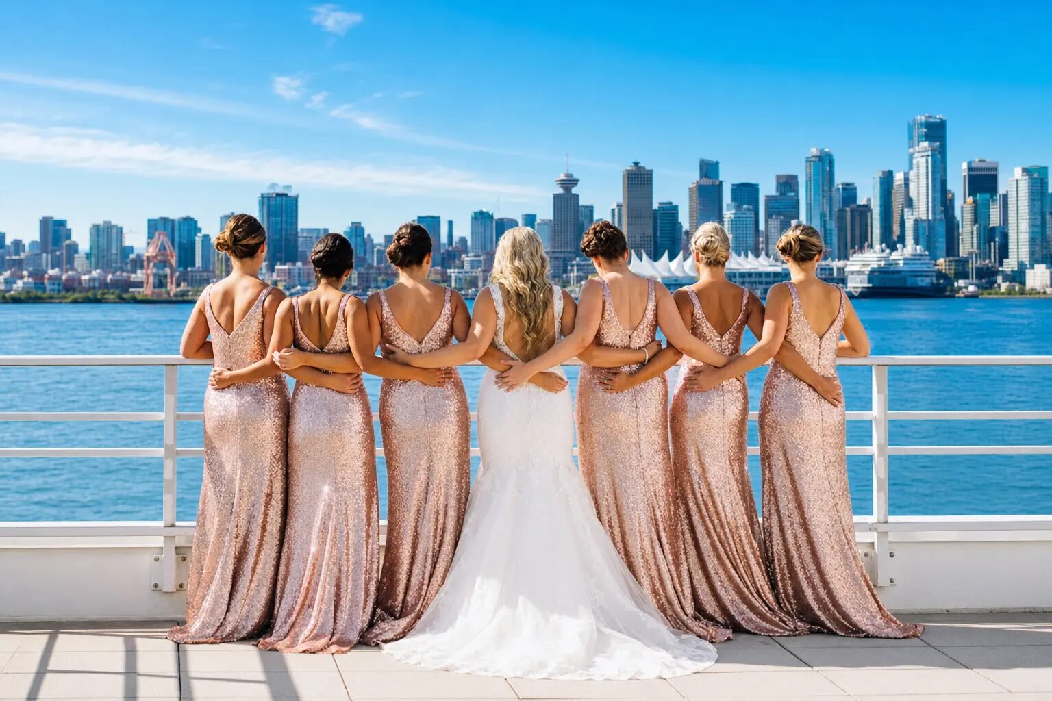 Rooftop terrace wedding ceremony with the Vancouver skyline at Pinnacle Hotel at the Pier