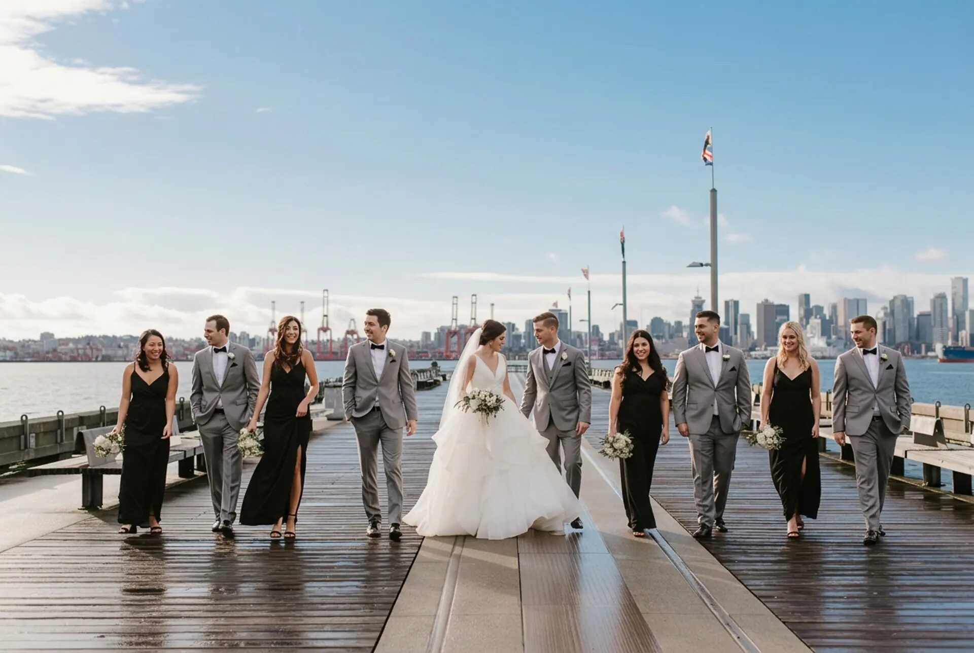 Wedding party on the North Vancouver pier with the downtown Vancouver skyline behind