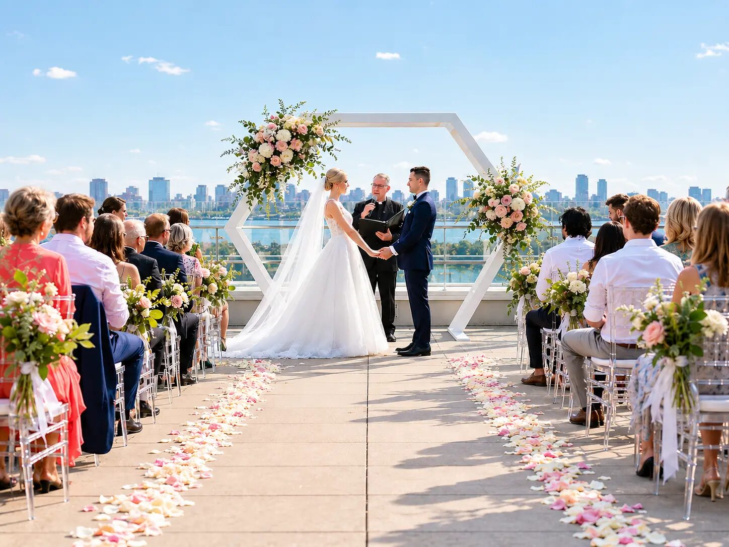 Outdoor rooftop wedding ceremony with a floral arch and waterfront views